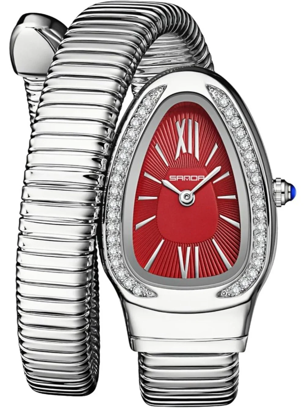 Women's Silver Red Elegant Wrap Around Bangle Fashion Snake Cuff Wrist Watches